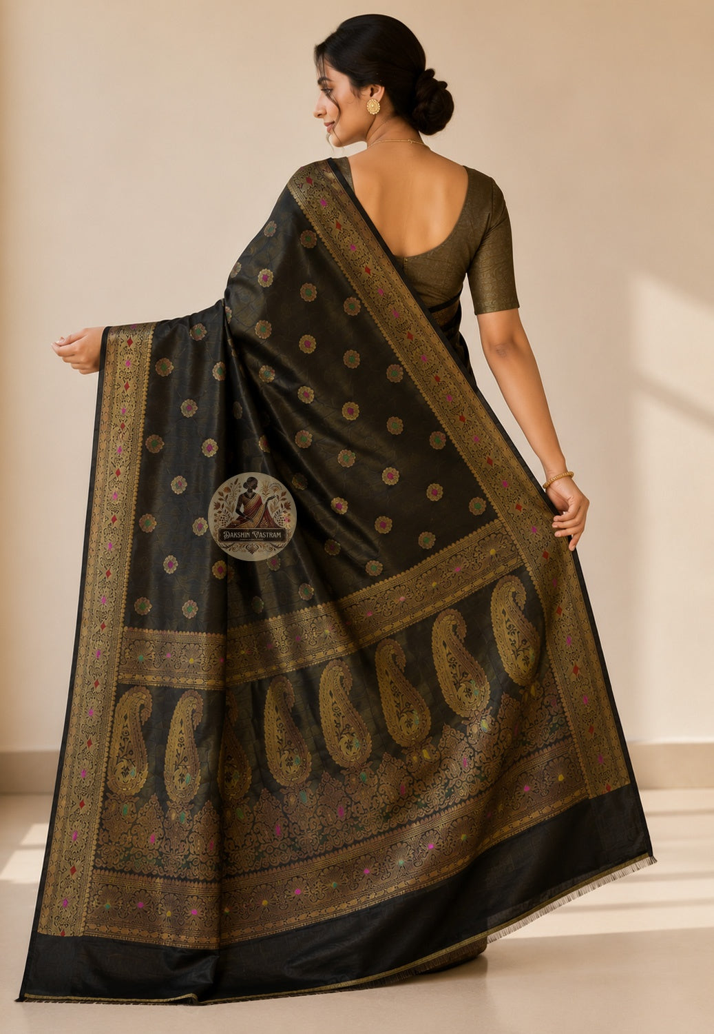 Full flat-lay view of Banarasi Muga Tussar Saree in natural golden Muga silk displaying complete pallu, border, and body weave — perfect for weddings, Diwali, and Durga Puja