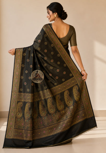 Full flat-lay view of Banarasi Muga Tussar Saree in natural golden Muga silk displaying complete pallu, border, and body weave — perfect for weddings, Diwali, and Durga Puja