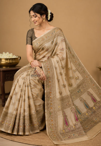 Rear view of Banarasi Muga Tussar Saree displaying richly handwoven zari pallu with traditional lotus, paisley and geometric jaal motifs — crafted to last generations