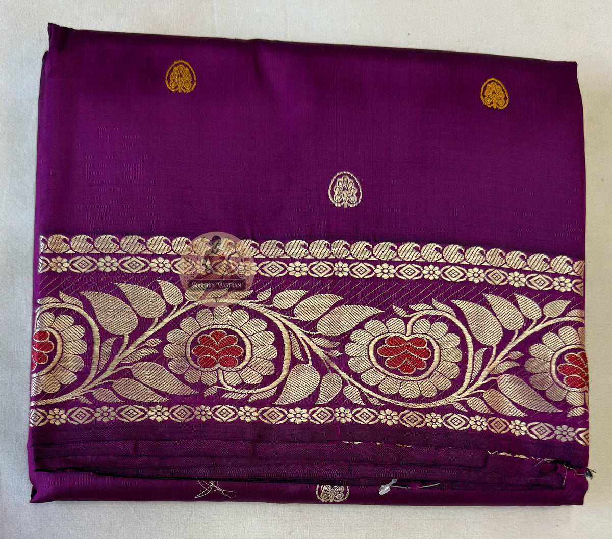 Detail view of traditional Baluchari buti motifs handwoven across the body of Baluchari Pure Silk Saree, revealing the fine weave precision and natural silk lustre of Bengal's three-hundred-year narrative textile tradition