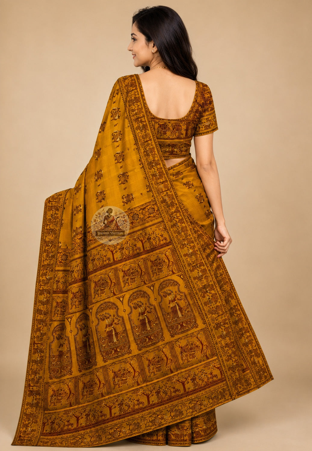 Rear view of Baluchari Pure Silk Saree displaying the richly handwoven sacred narrative pallu with mythology scenes of gods, goddesses, and devotees woven directly into pure Bengal silk
