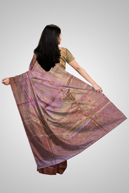 Authentic Muga Silk Saree online – Rear view with flowing pallu