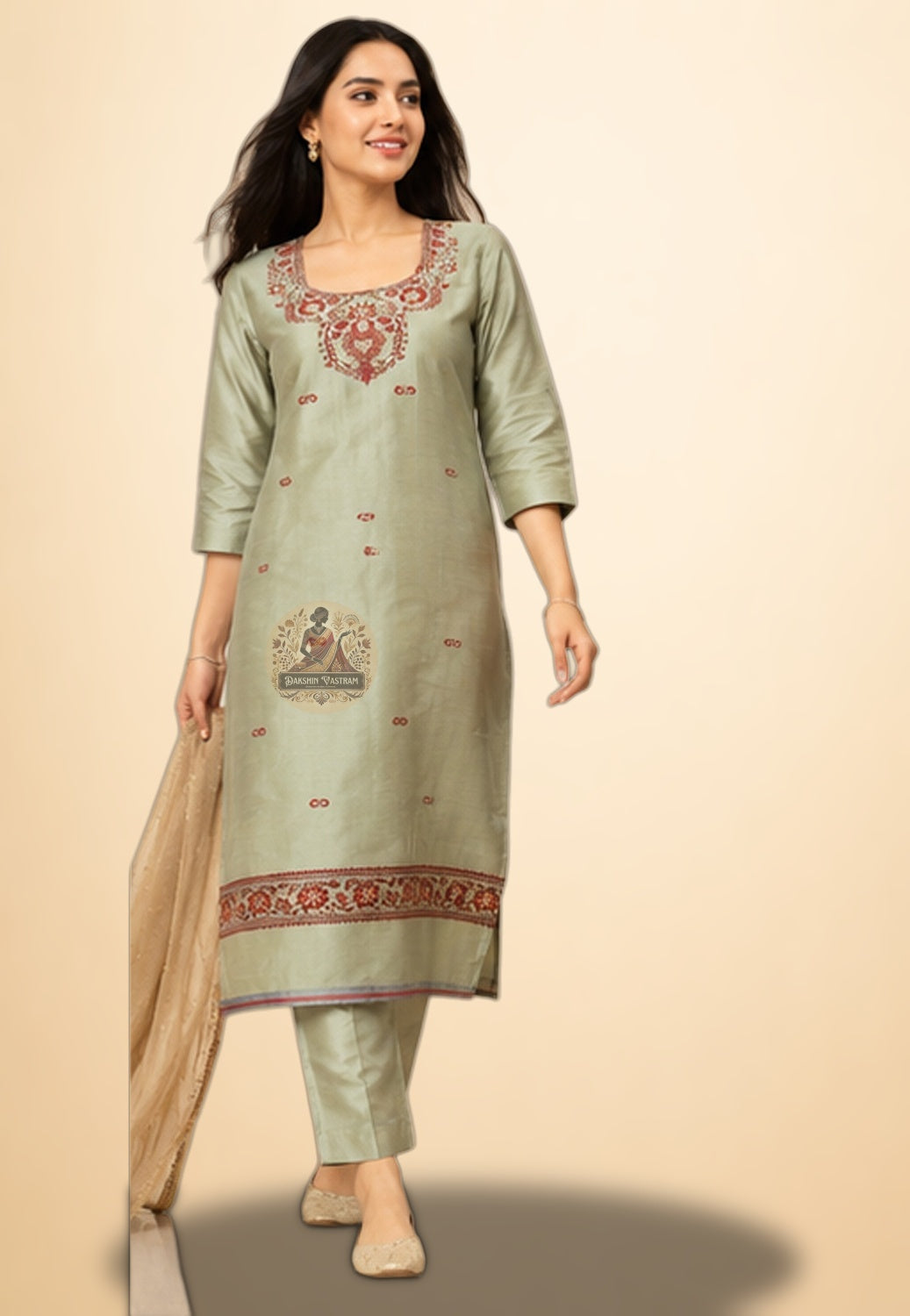 Pesta Green Baluchari handloom silk kurti piece with intricate Resham threadwork detail – premium Indian fabric UK