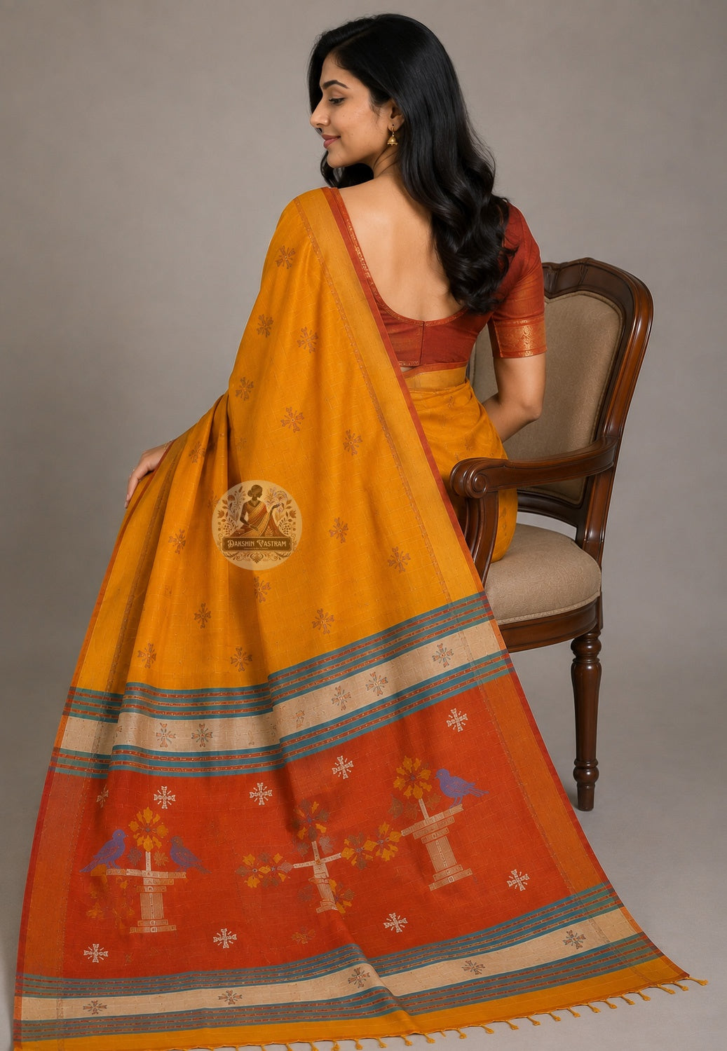 Side view of Bishnupur Pure Katan Silk Saree showing heritage town drape and Radha Krishna handloom border