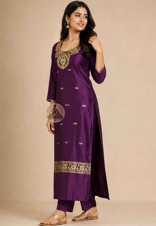 Close-up of intricate Resham silk thread embroidery on Violet Baluchari kurti fabric neckline – Dakshin Vastram