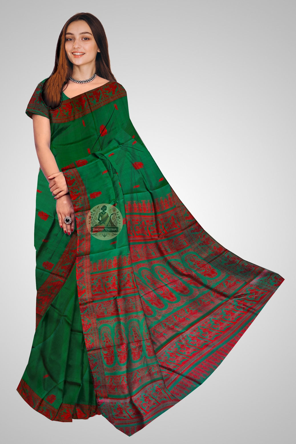 Handwoven Baluchari silk saree in deep teal with gold zari Mahabharata figures on contrast pallu