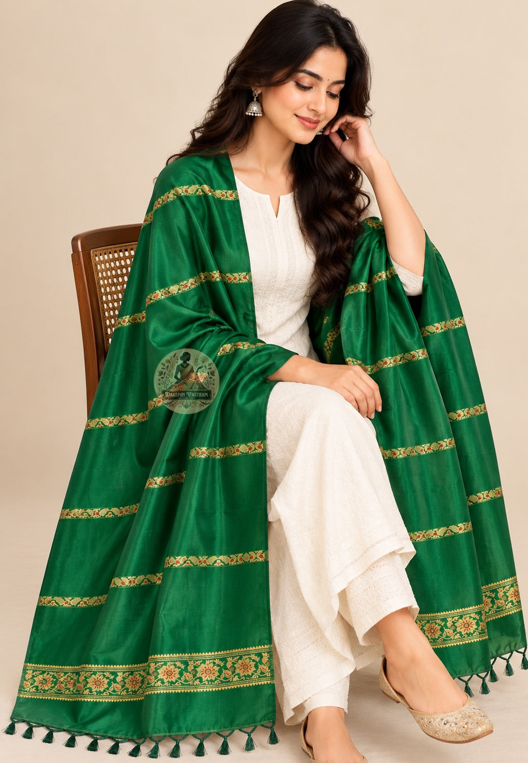 Side view of Bishnupur Baluchari pure silk wearable art stole displaying natural silk drape and lustre for Durga Puja and cultural occasions