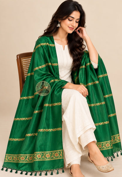 Side view of Bishnupur Baluchari pure silk wearable art stole displaying natural silk drape and lustre for Durga Puja and cultural occasions