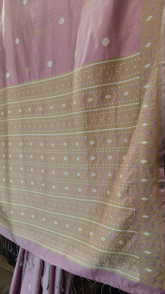Buy Toss Mulberry Assam Silk Saree – Rear angle with elegant drape