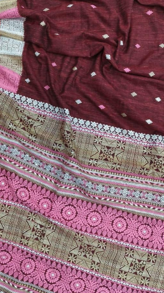 Woman wearing handwoven Eri Silk Saree for Durga Puja celebration, traditional Indian ethnic wear