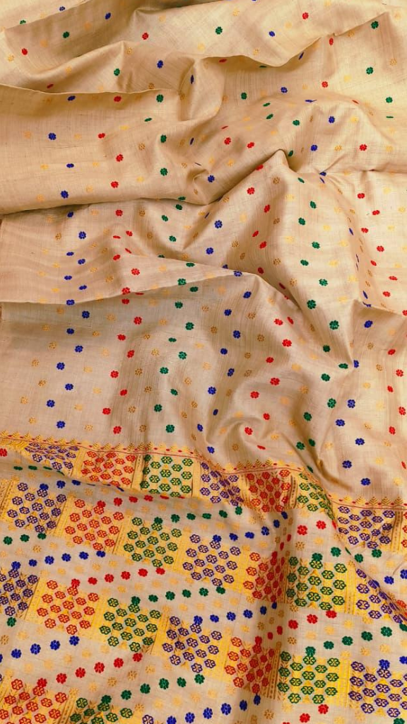 Bride wearing traditional Assamese Muga Silk Saree at UK wedding – handloom from Dakshin Vastram