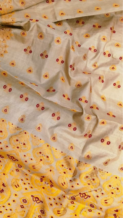 Buy Muga Silk Saree – rear view with elegant fall