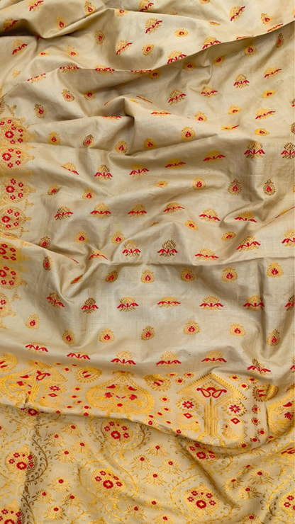 Rear view of Pure Muga Silk Saree displaying the handwoven golden pallu and deepening natural lustre of rare Assam Muga silk — a saree that becomes more beautiful with time