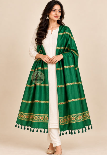 Front view of Bishnupur Baluchari pure silk stole with master-woven mythological narrative motifs, handloom textile art from West Bengal