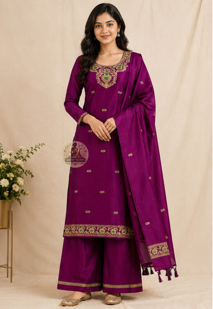 Handloom Baluchari silk unstitched kurti piece in magenta with resham woven neckline motifs — Dakshin Vastram