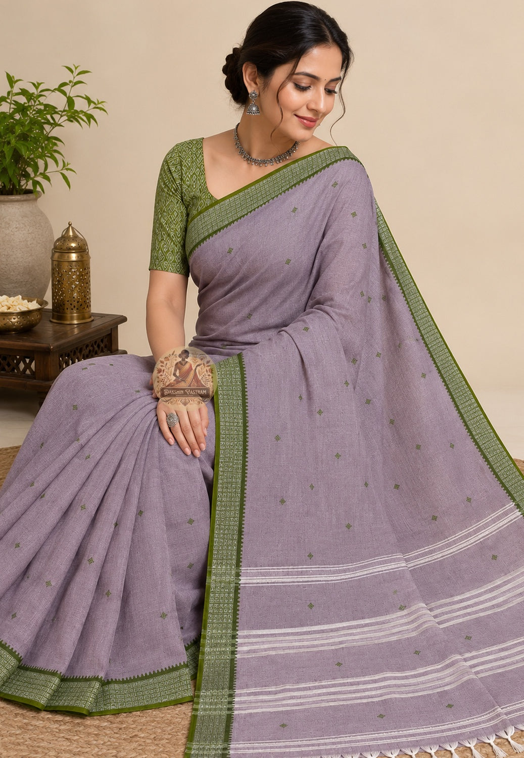 Rear view of handwoven cotton saree highlighting the pallu design and natural weave