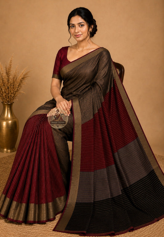 Side view of Bishnupur Pure Katan Silk Saree showing the graceful authoritative drape and natural luminosity of handwoven silk with traditional Bengali lotus and peacock motifs