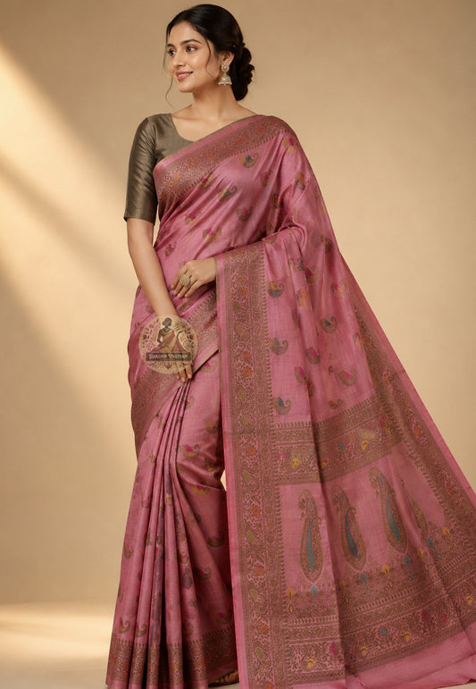 Front view of Banarasi Muga Tussar Saree handcrafted by Varanasi weavers in naturally golden Muga silk with traditional zari border, draped for weddings and festive occasions