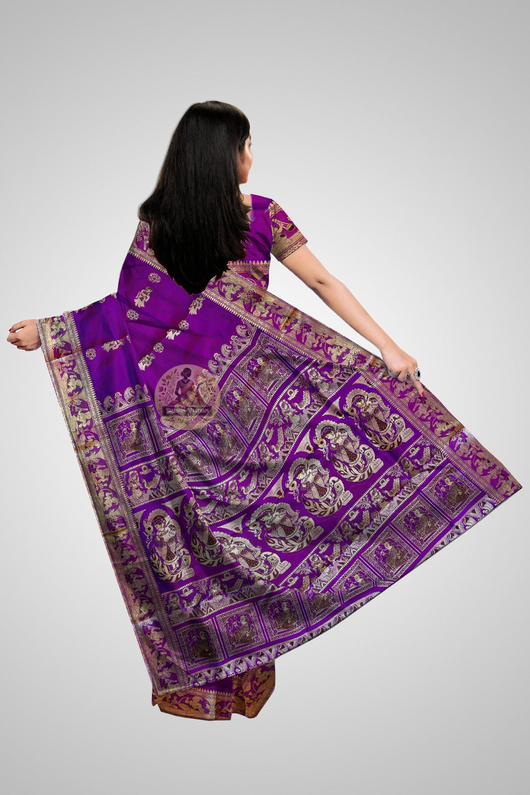 Pure silk Baluchari saree in dark pewter grey with traditional Bengali figurative weave and antique gold temple pallu