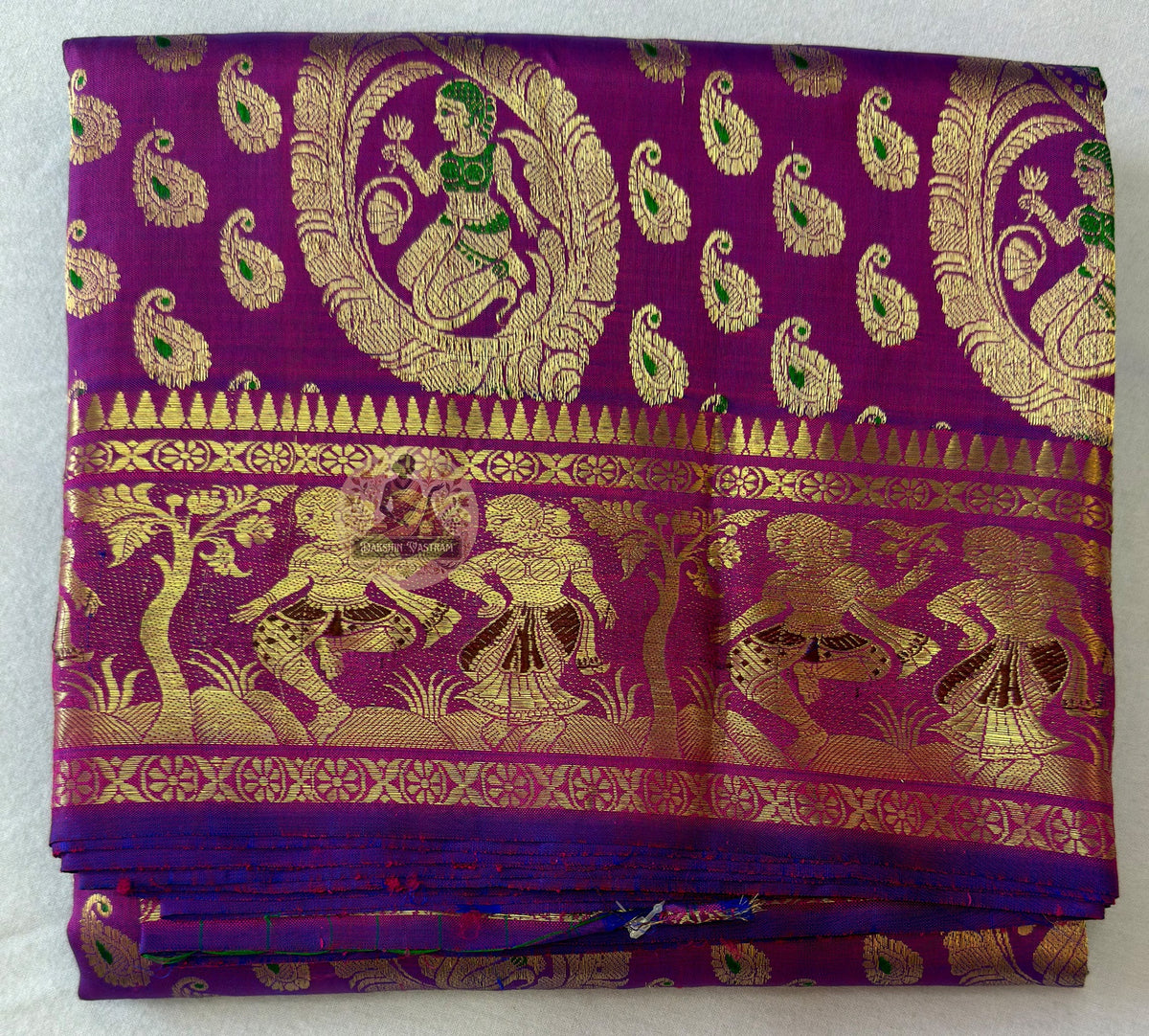 Swarnachari Pure Silk Saree in deep jewel tones with golden thread work – luxury bridal saree by Dakshin Vastram