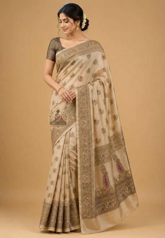 Front view of Banarasi Muga Tussar Saree in naturally golden Muga silk with handwoven Banarasi zari border, draped as a timeless heirloom saree for weddings and festive occasions across India