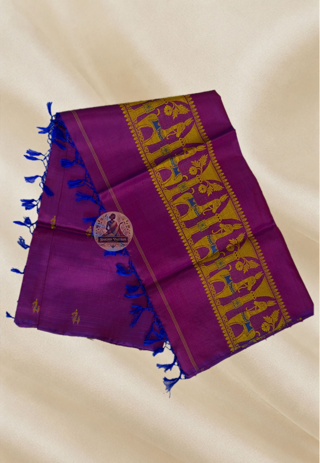 Flat lay of Baluchari pure silk stole showing full weave pattern and rich colour – available online in London and Birmingham