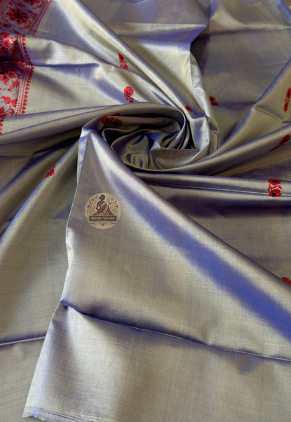Traditional Bishnupur Baluchari silk fabric in Grey with Resham woven motifs – elegant ethnic kurti material for Diwali Durga Puja weddings
