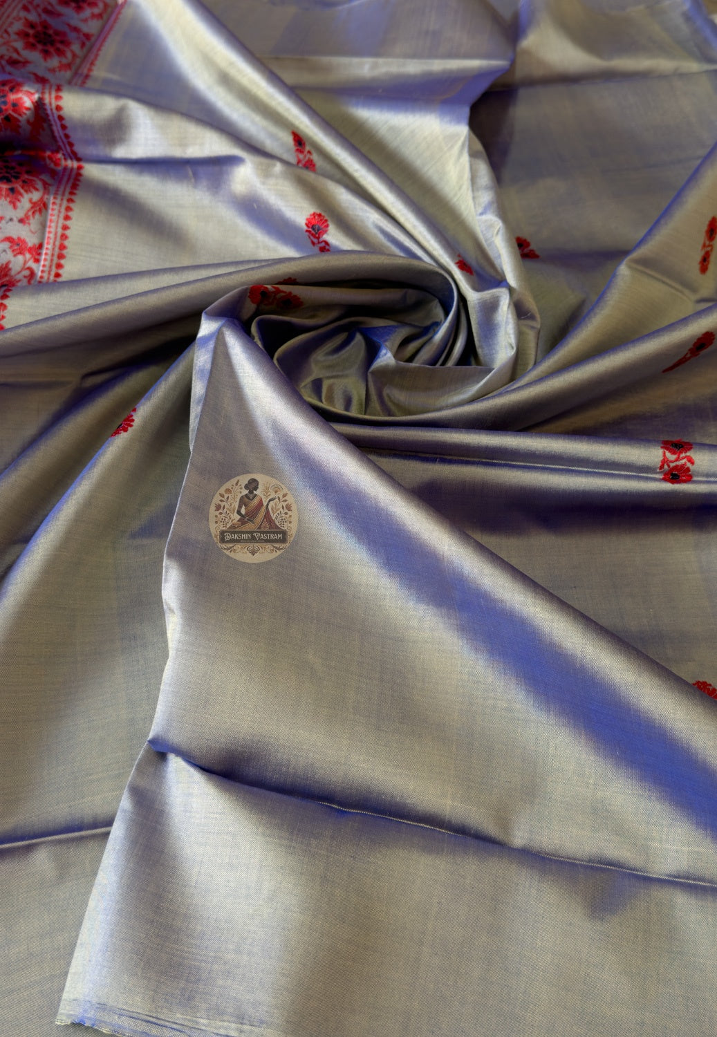 Indian woman wearing a Slate Grey Baluchari Silk kurti stitched from handloom Mulberry silk fabric – festive ethnic wear by Dakshin Vastram