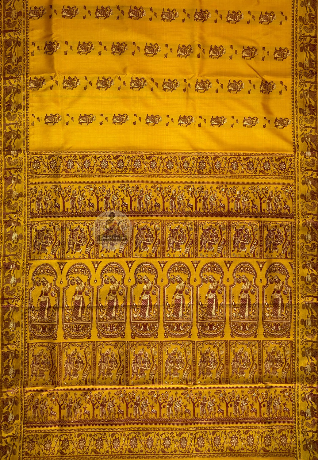 Close-up of handwoven sacred narrative motifs on Baluchari Pure Silk Saree, revealing intricate mythology figures from the Mahabharata and Ramayana woven thread by thread into pure silk from West Bengal