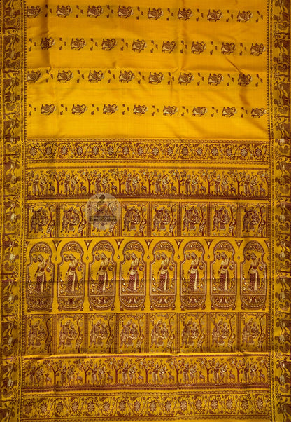 Close-up of handwoven sacred narrative motifs on Baluchari Pure Silk Saree, revealing intricate mythology figures from the Mahabharata and Ramayana woven thread by thread into pure silk from West Bengal