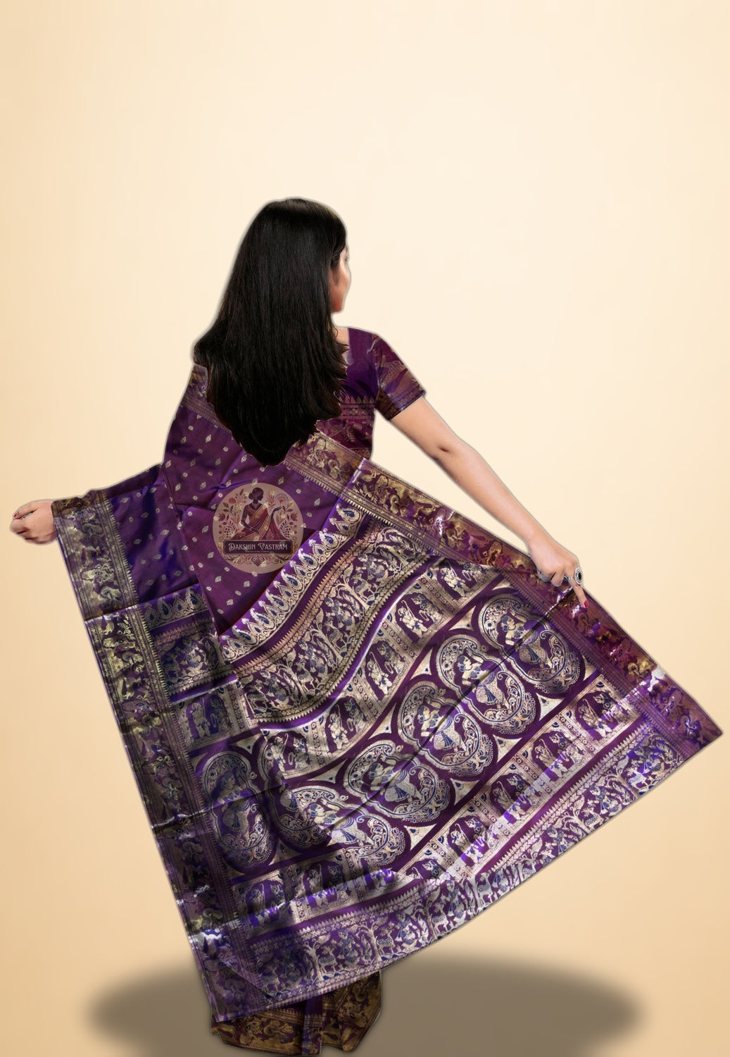 Elegant Indian woman draped in pure silk Swarnachari saree with golden pallu — UK delivery