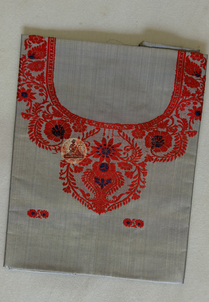 Detail shot of Baluchari woven narrative motifs on Grey Mulberry silk kurti fabric – artisan handloom craft Bishnupur West Bengal India