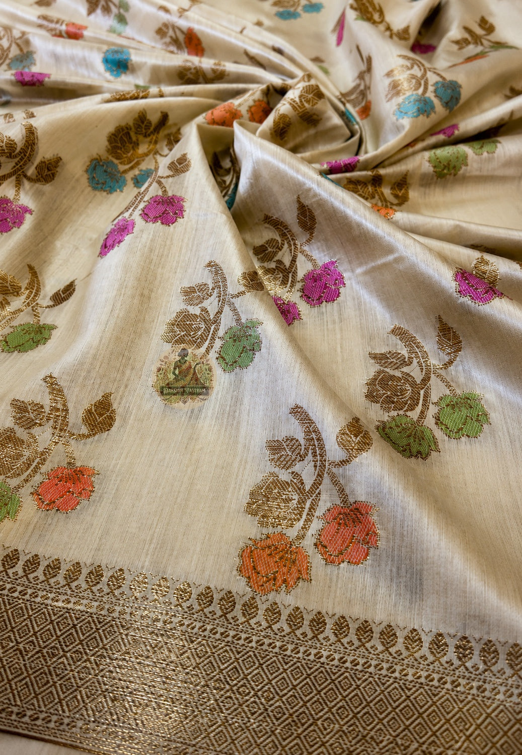 Matching blouse piece of Banarasi Muga Tussar Saree in natural golden Muga silk with Banarasi zari border, included with the saree