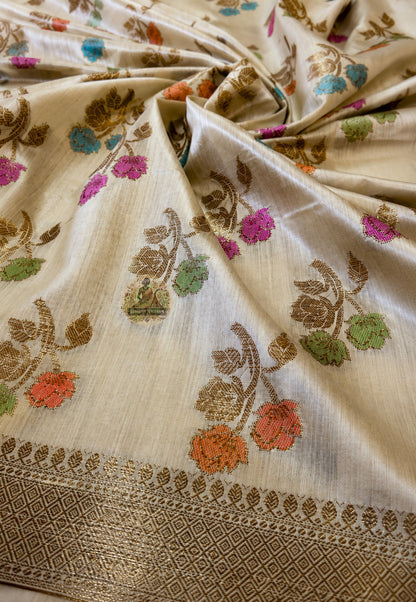 Matching blouse piece of Banarasi Muga Tussar Saree in natural golden Muga silk with Banarasi zari border, included with the saree