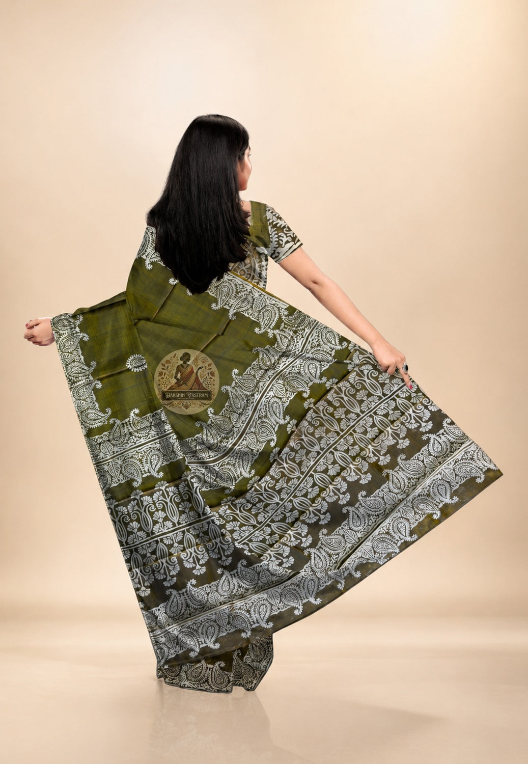 Bishnupur Silk Block Print Saree draped in traditional style – premium artisan silk saree for Durga Puja, Diwali and cultural celebrations