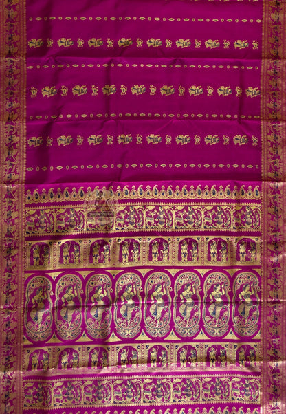 Flat lay of handloom Baluchari silk saree showing full mythological narrative pallu — Dakshin Vastram