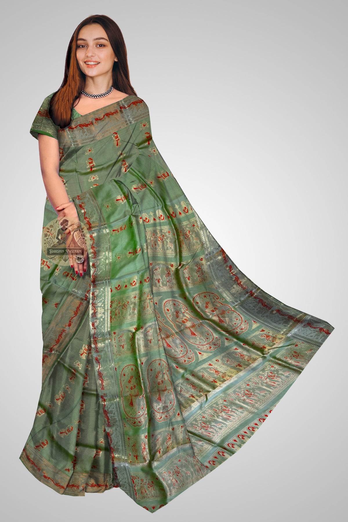 Buy Handwoven Swarnachari Saree online – Rear view with cultural storytelling in silk