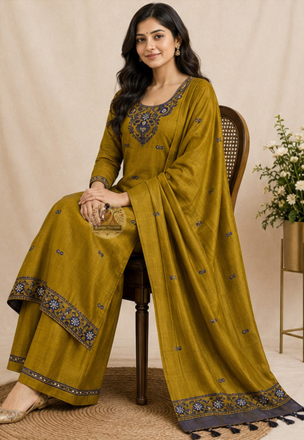 Full drape view of mustard yellow Baluchari silk kurti fabric showing natural lustre and pit-loom woven border motifs