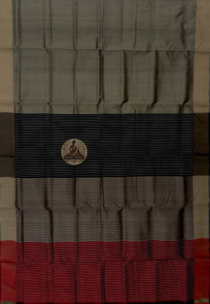 Full flat-lay view of Bishnupur Pure Katan Silk Saree showing complete handwoven silk body in deep colour, traditional Bengali motif border, and richly detailed pallu — Durga Puja 2026 Collection