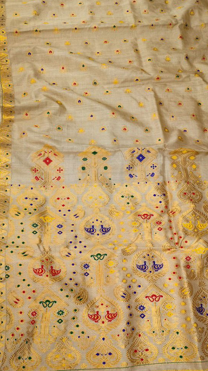 Muga silk saree worn at a Diwali and Navratri celebration — heirloom handloom saree from Assam delivered to Reading, Southampton and worldwide