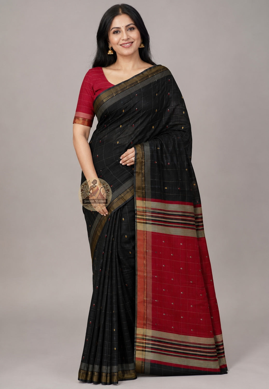 Bishnupuri handwoven pure katan silk saree front view – elegant drape with traditional Bengal motifs, perfect for weddings and Durga Puja