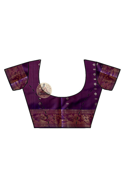 Close-up of gold zari embellishment on magenta purple Swarnachari handwoven silk saree