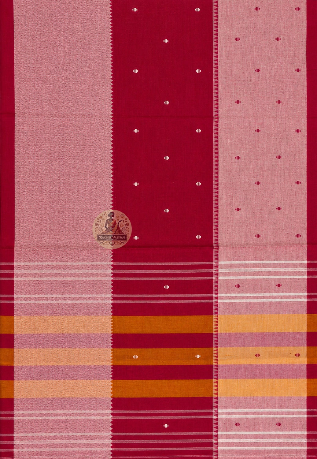 Full length view of pure cotton handloom saree without blouse, displaying complete body, border, and pallu across all seasons