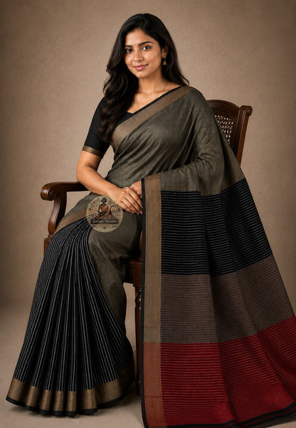Front view of Bishnupur Pure Katan Silk Saree draped on model, showcasing the deep luminous colour and handwoven traditional Bengali motifs from West Bengal's heritage weaving town of Bishnupur