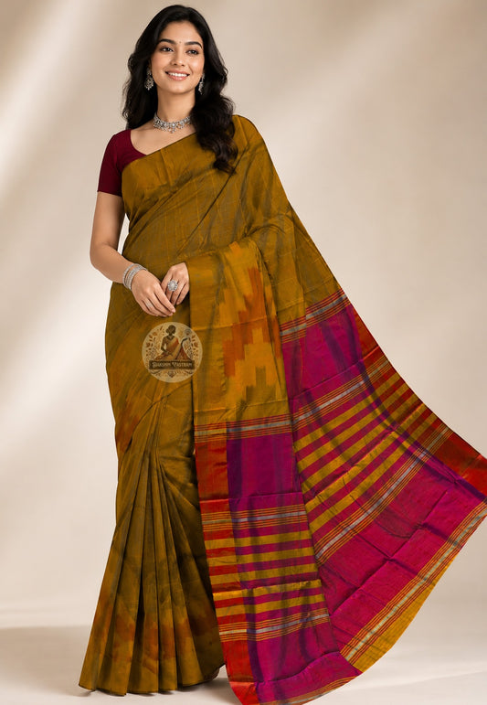 Front view of Bishnupur Pure Katan Silk Saree draped on model, showcasing handwoven Bengal heritage motifs and the natural authority of pure mulberry silk