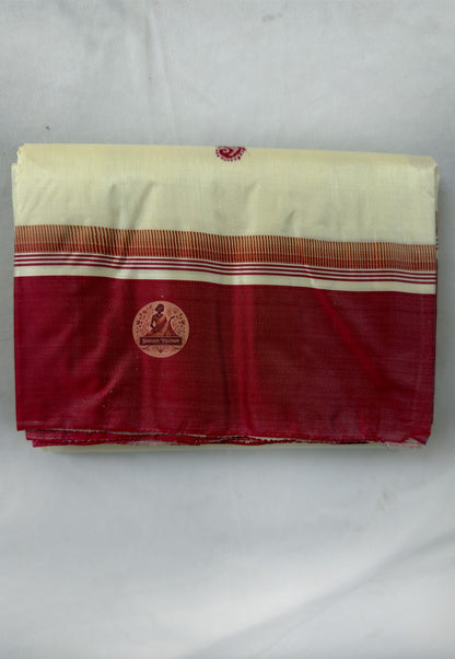 Full saree view of Bishnupur Garad pure mulberry silk saree in natural ivory with matching blouse piece, for Bengali weddings and Durga Puja