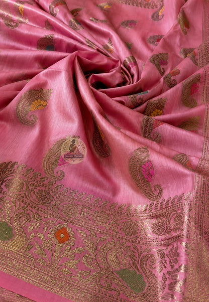 Matching blouse piece of Banarasi Muga Tussar Saree in natural golden Muga silk with handwoven Banarasi zari border, included with the saree
