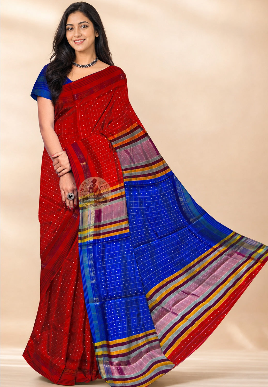 Bishnupur Silk Bindu Buti Saree front view – handwoven pure silk with woven dot-and-sprig motifs, perfect for Diwali in Tucson and cultural celebrations in USA | Dakshin Vastram