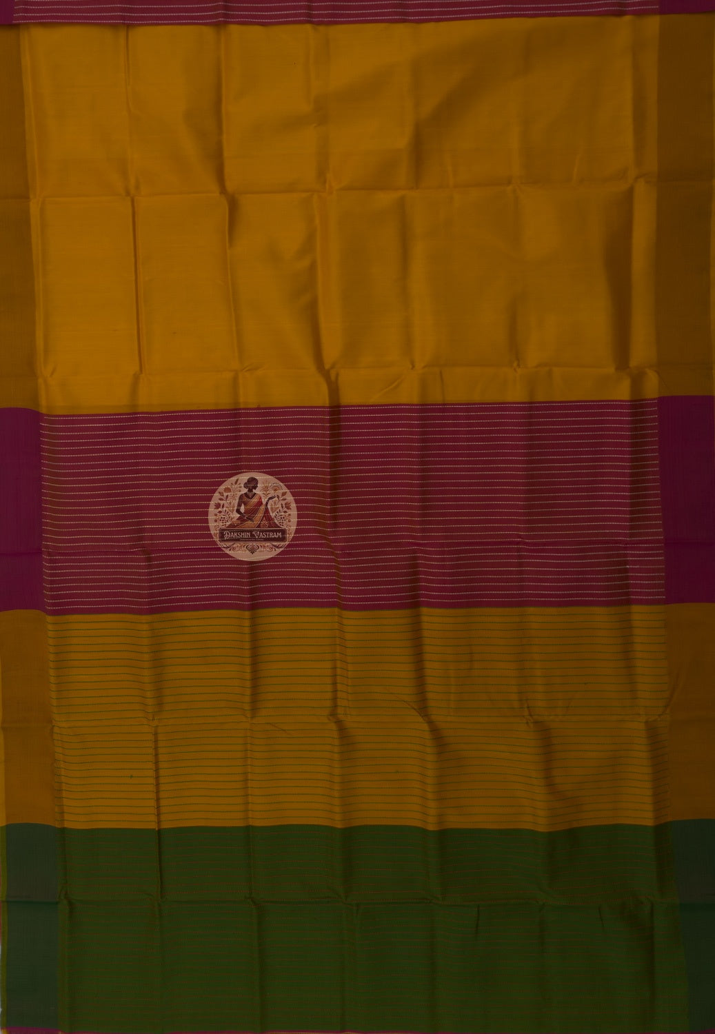 Full flat-lay view of Bishnupur Pure Katan Silk Saree showing complete handwoven silk body, traditional temple motif border, and richly detailed Bengali heritage pallu design