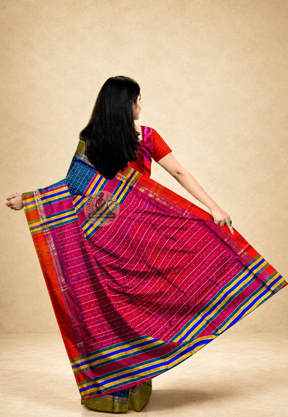 Bishnupur Silk Bindu Buti Saree rear view – full drape revealing handwoven dot-and-sprig motifs on lustrous pure silk, a masterpiece of Bengal's weaving heritage